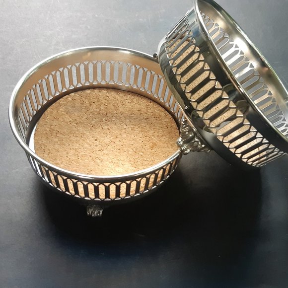 VTG Silverplate Footed Wine Bottle Coaster Holders Set of 2 Pierced Cork Insert - Picture 4 of 10
